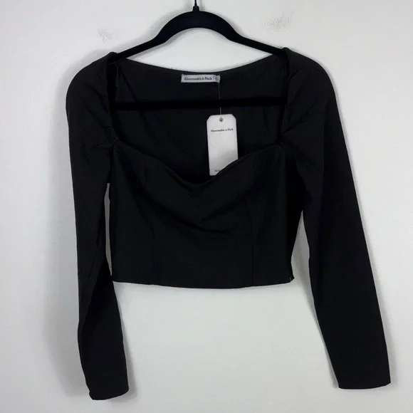 Abercrombie Long Sleeve Crop Top Sweetheart Neckline Black Women’s Size Small - Picture 2 of 7